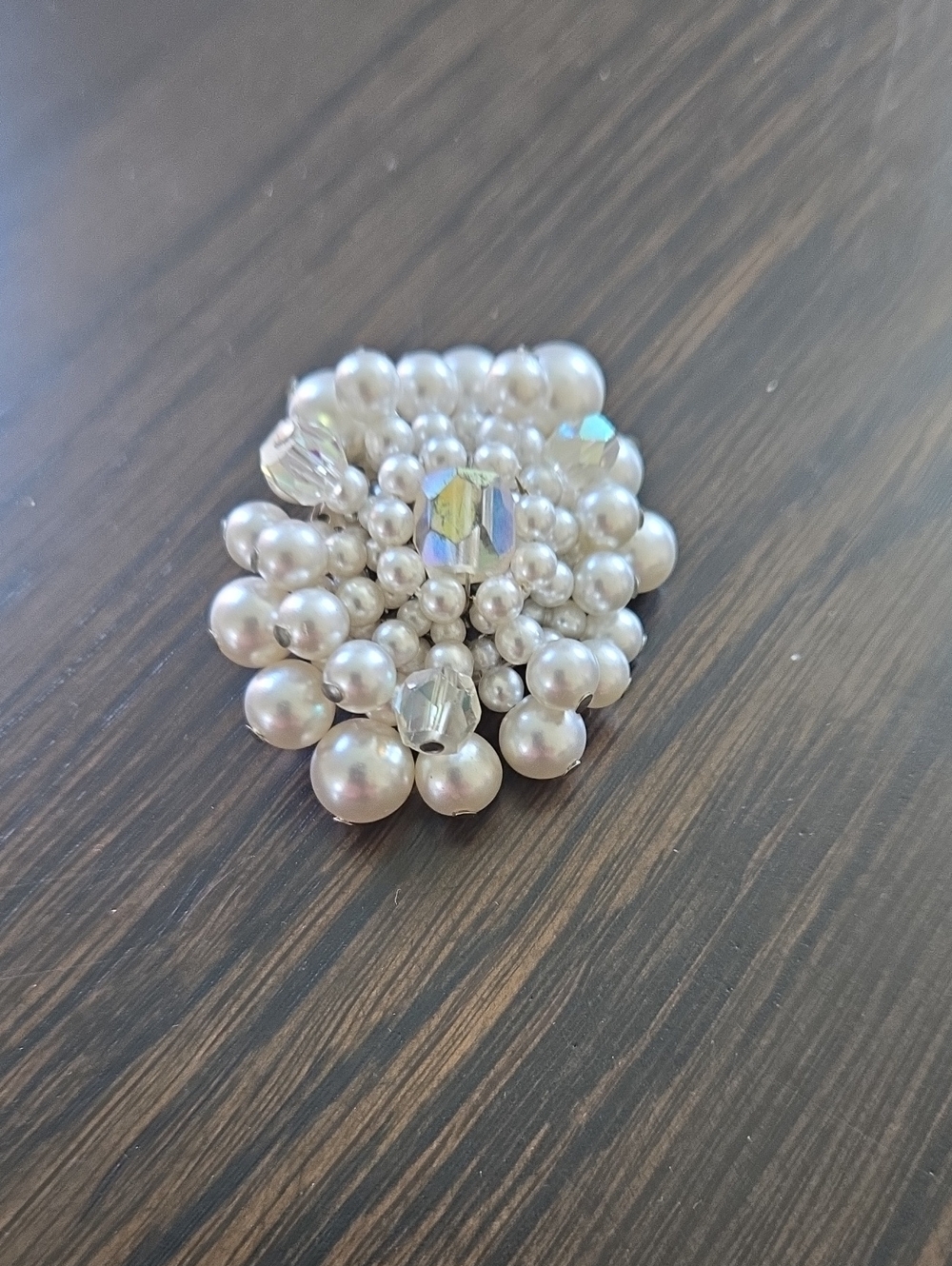 Vintage Faux Pearl Cluster Brooch with Crystal Accents - White